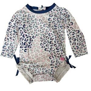 Ruffle Butts Girls Leopard White Blue Rash Guard Swimsuit Swim - 12-18 Months